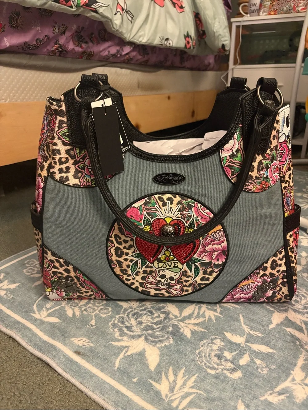 Embellished Ed Hardy Floral & Leopard Tote Bag in Blue